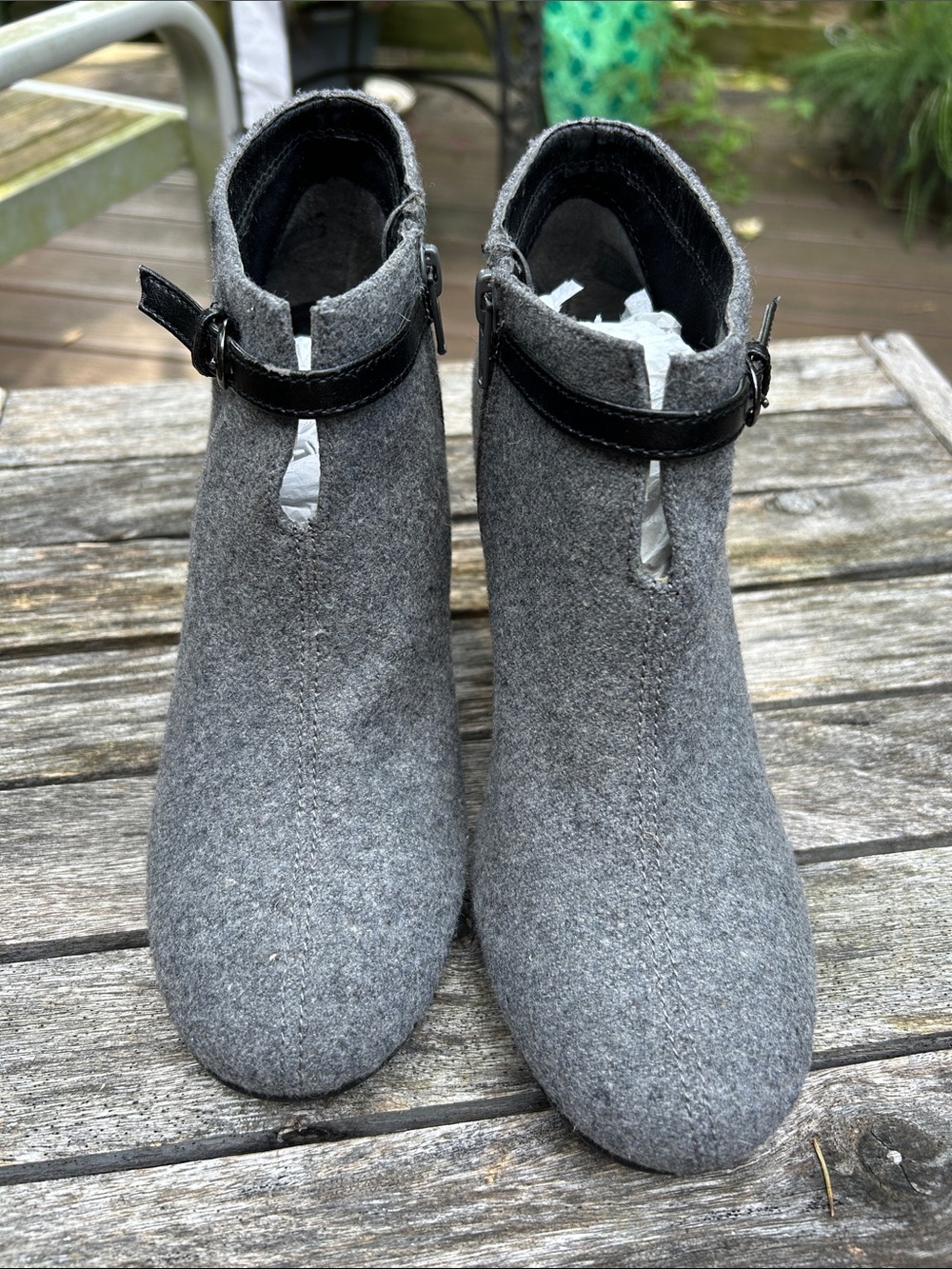 Gray Felt Ankle Booties with Black Strap Accent